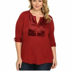 (NWT) Lucky Brand Women's Merlot Burnout Velvet Bib Henley Top Plus Size 1X